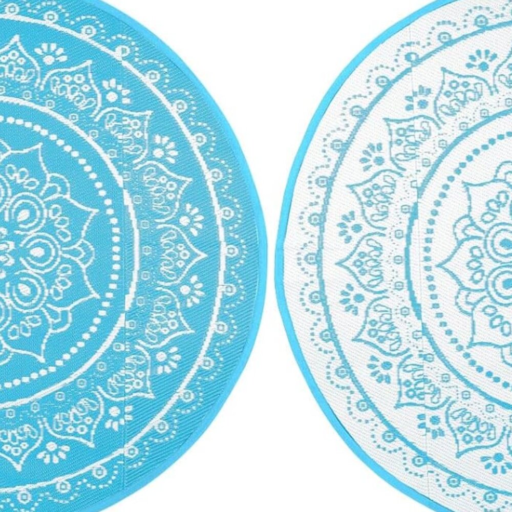 ROUND MANDALA PATIO RUG, NEW Woven Plastic Straw, Turquoise, 5' x 5'
